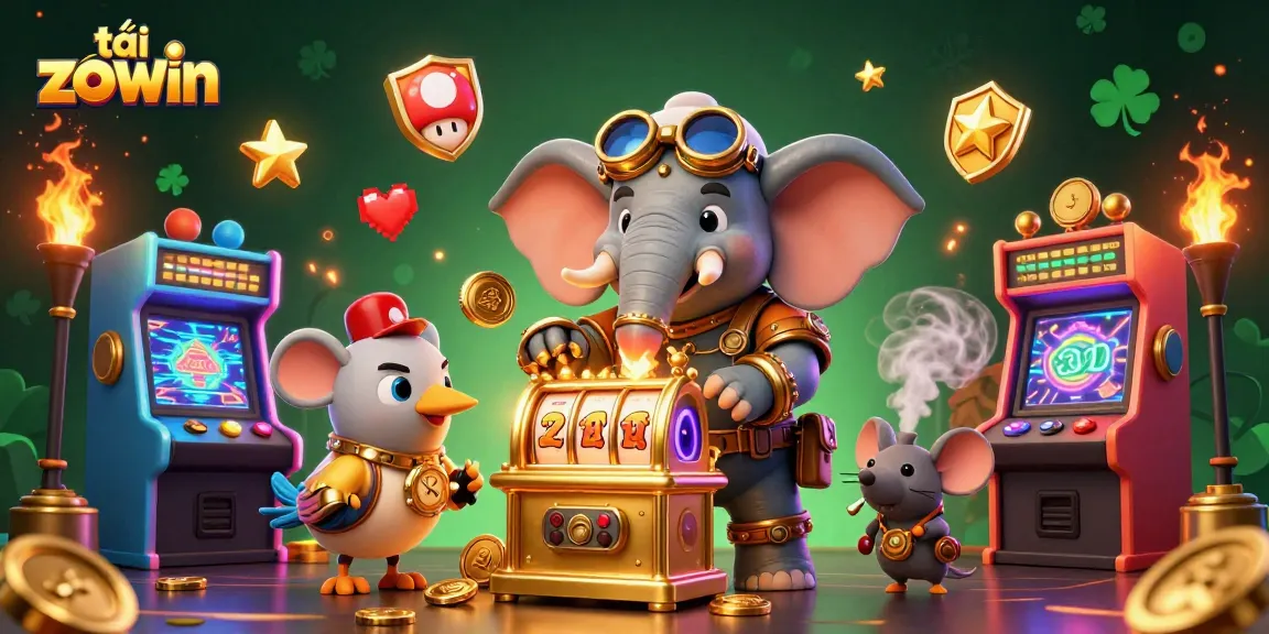Engage in thrilling gameplay with tải zowin as the steampunk elephant operates a golden slot machine in a rich casino setting.