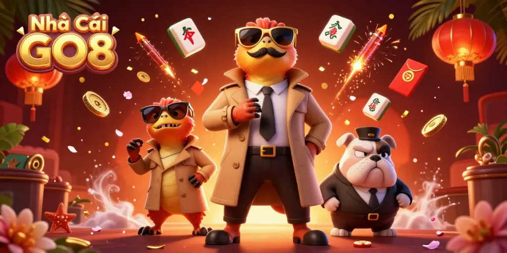 Engage with Nhà Cái GO8 as clever raptors sneak into a VIP casino scene filled with festive elements.