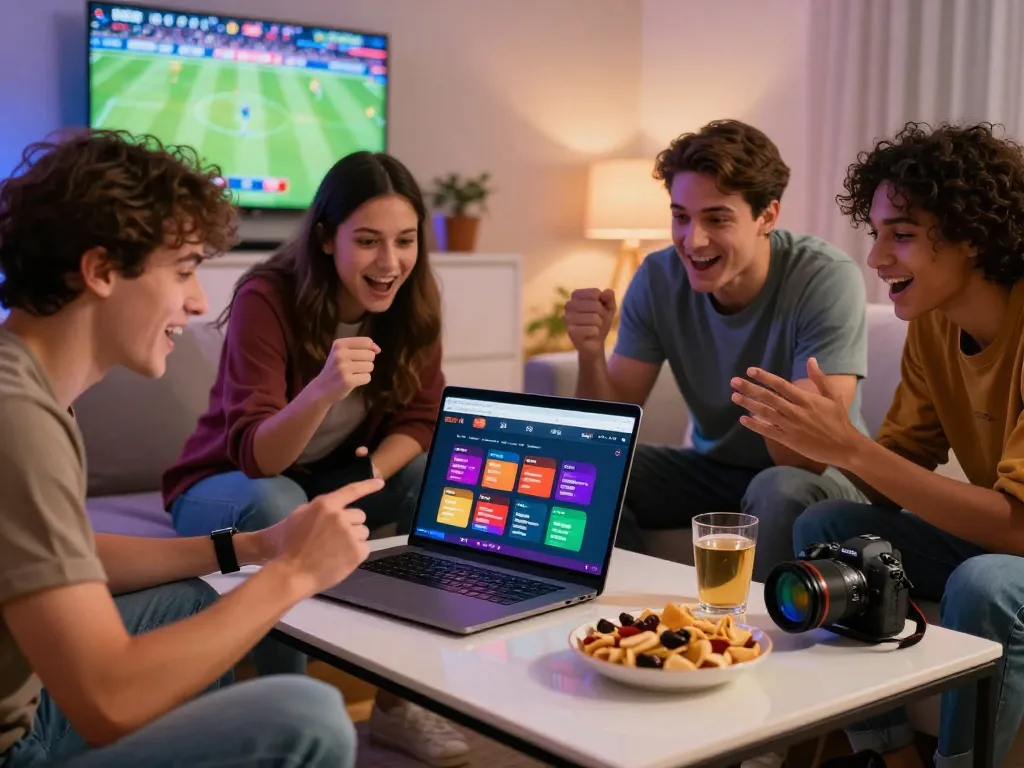 Group of friends exploring rikbet online betting on a laptop in a lively living room.