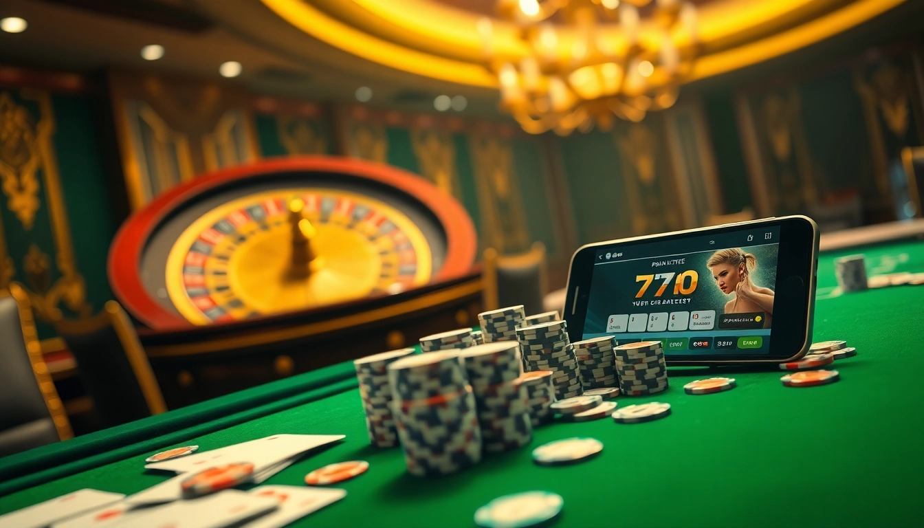 Experience the thrill of 7mcn with a luxurious casino scene featuring poker and roulette.