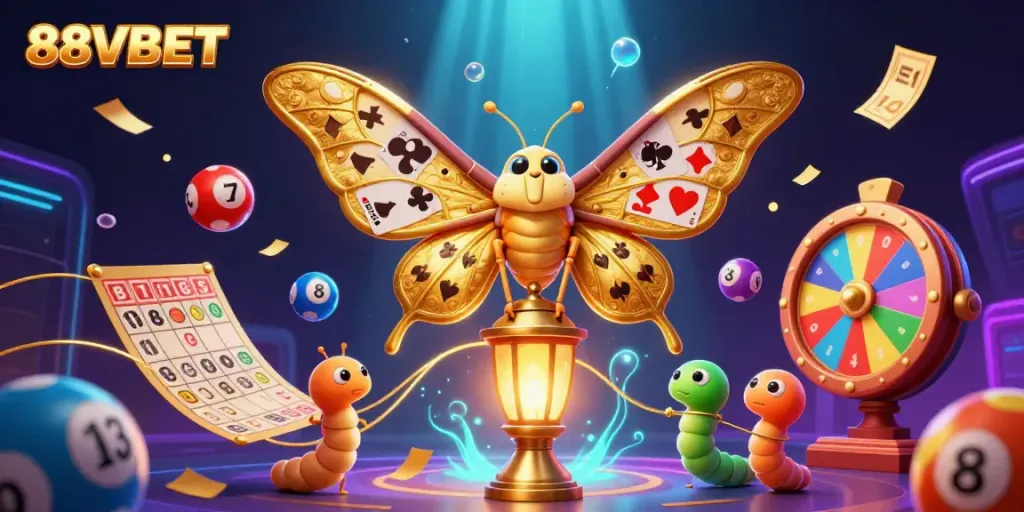 Engage with 88VBET's vibrant online casino universe, illustrated with dynamic lottery and gaming elements.