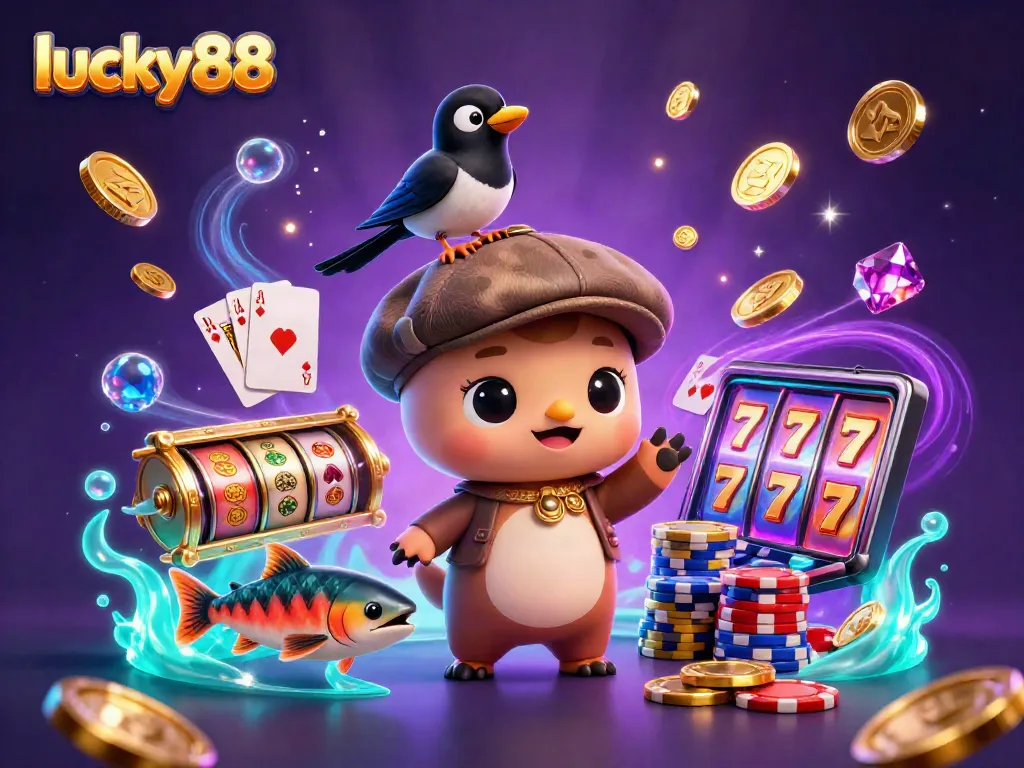 Experience the excitement of lucky88 with vibrant slot reels, cascading coins, and engaging characters.