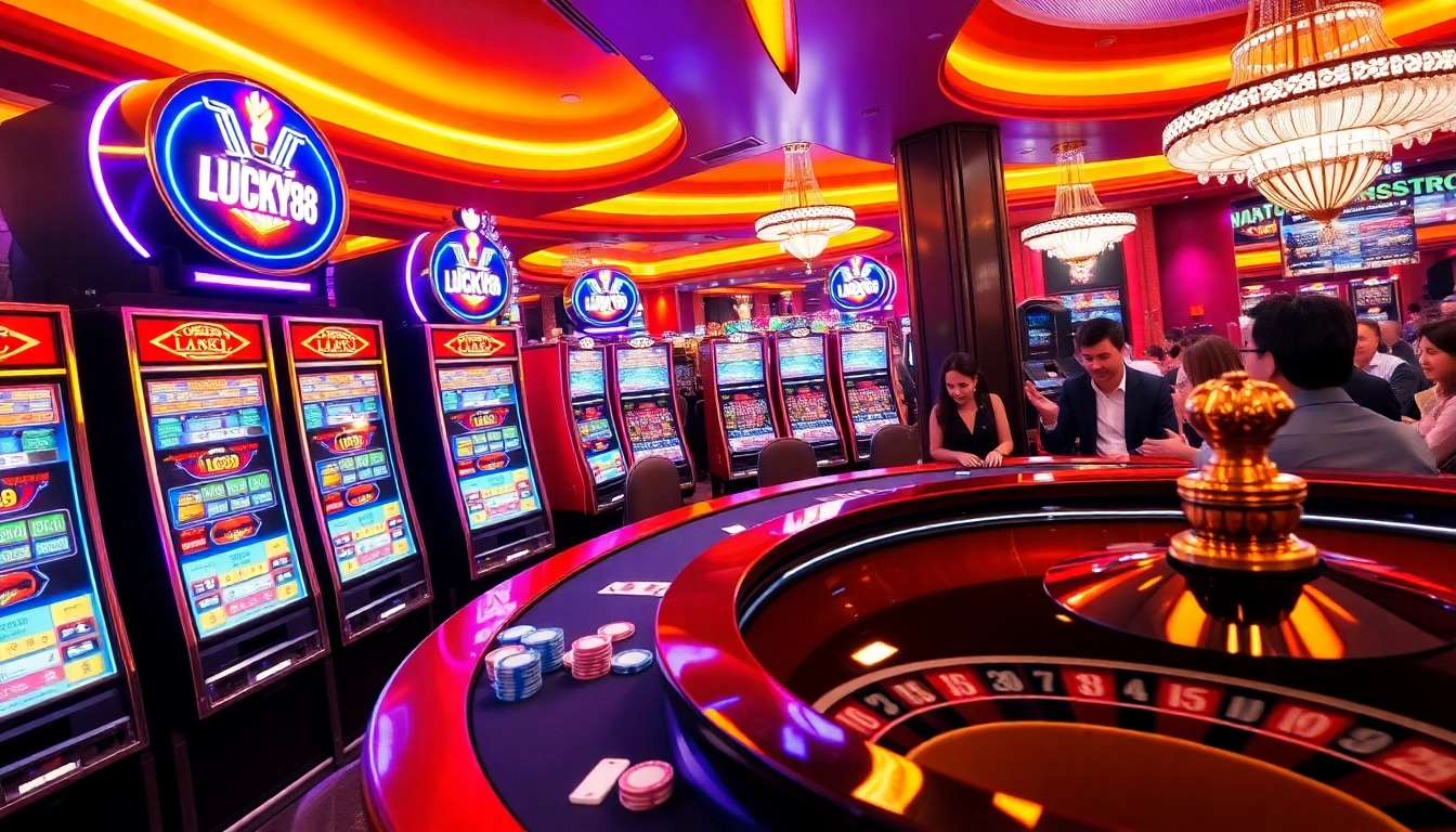 Engaging scene of casino action, revealing LUCKY88 slot machines and high-stakes gaming atmosphere.