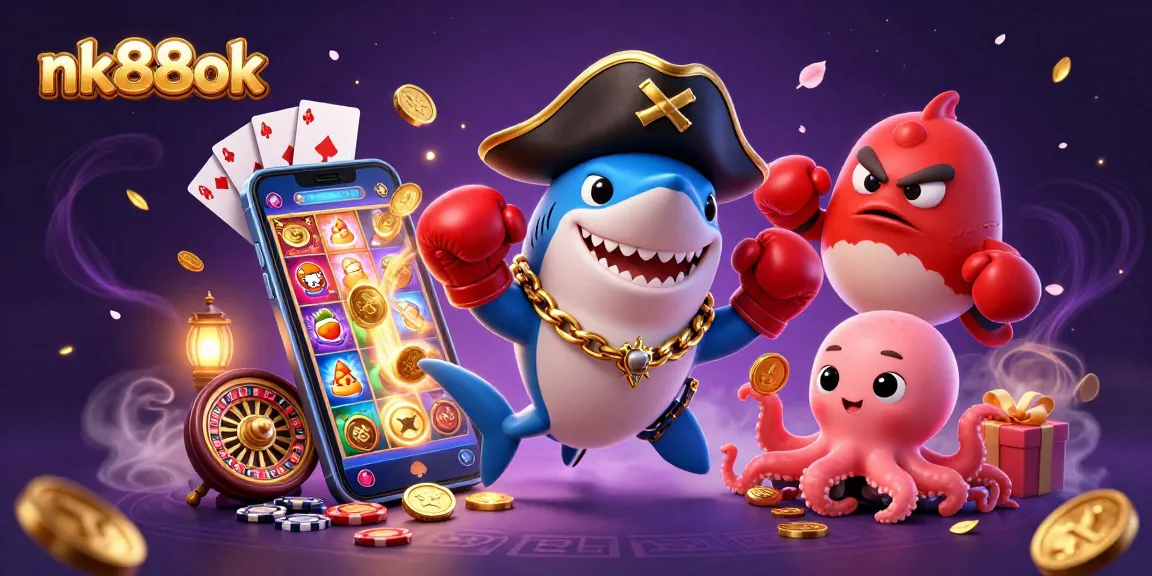 Win big with nk88ok’s thrilling 3D cartoon gaming scene of colorful slot games and characters.