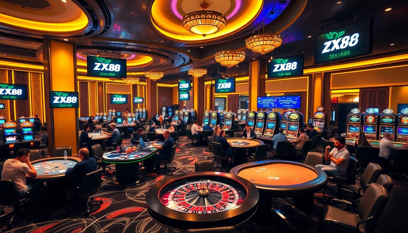 Players engaging in thrilling games at ZX88 casino, showcasing chips and vibrant roulette.