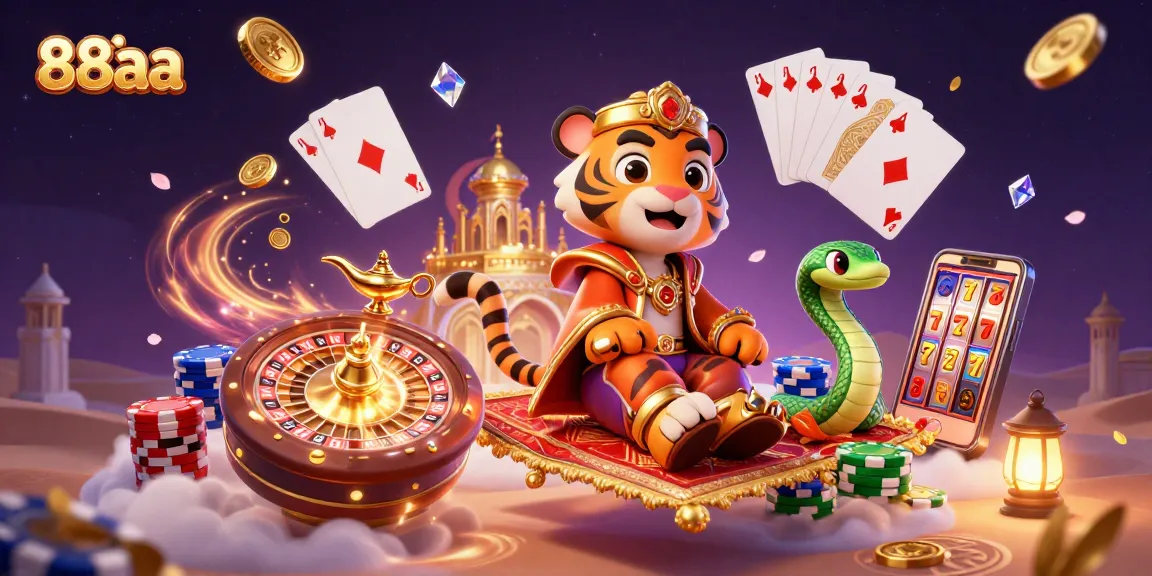 Experience the magic of gambling with 88aa, featuring a sultan on a carpet of poker chips amid cascading coins and a vibrant casino backdrop.