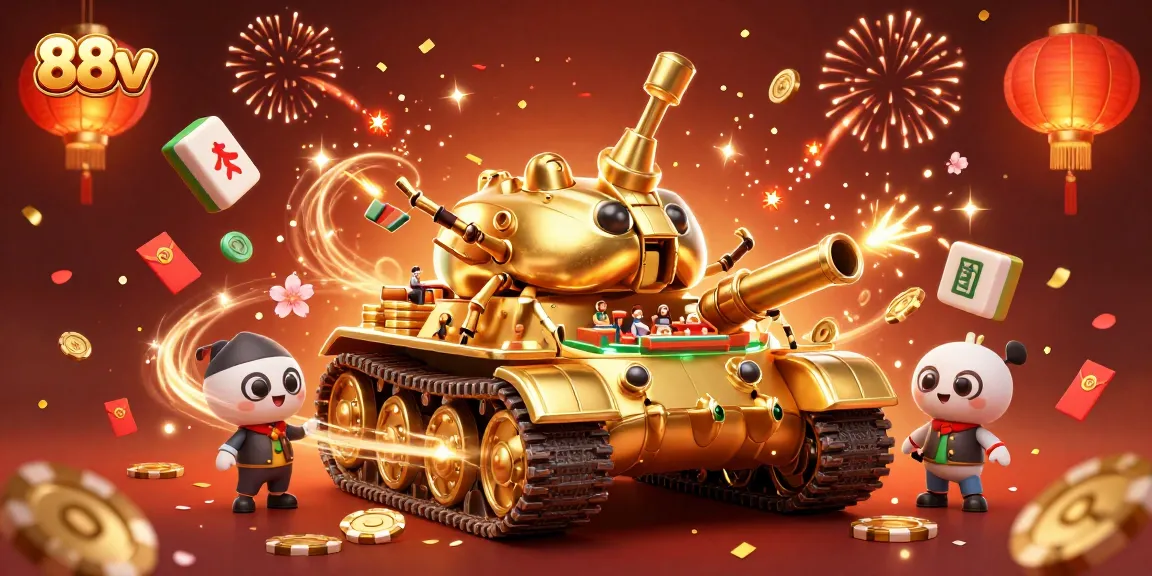 88vv showcases an exciting casino experience inside a colorful golden beetle tank with coins and confetti flowing.