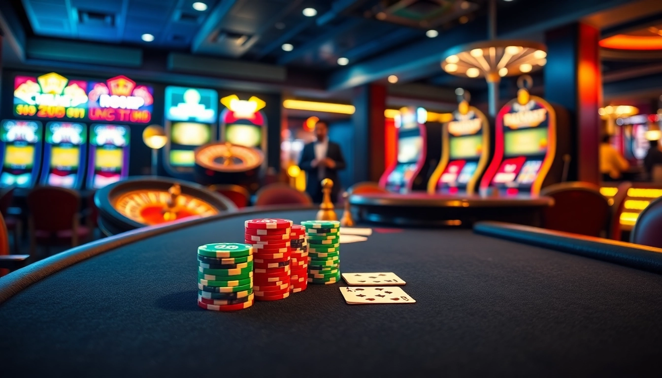 Exciting game action at 68VIP casino with poker chips, cards, and roulette wheel in a vibrant setting.