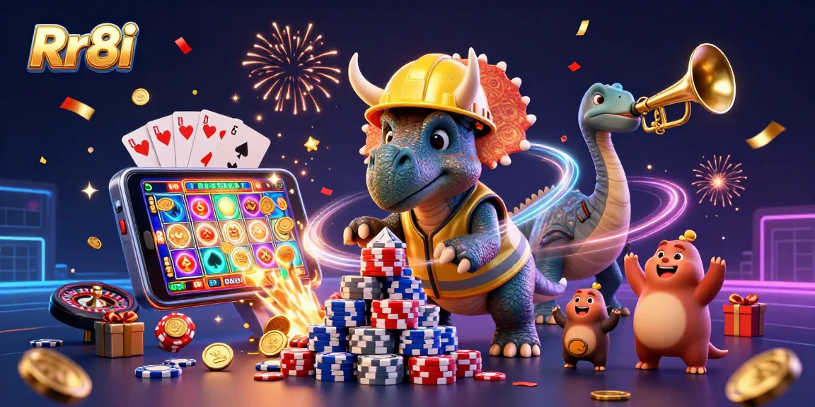 Experience gaming thrills with Rr8i's vibrant 3D illustration of dynamic casino action.