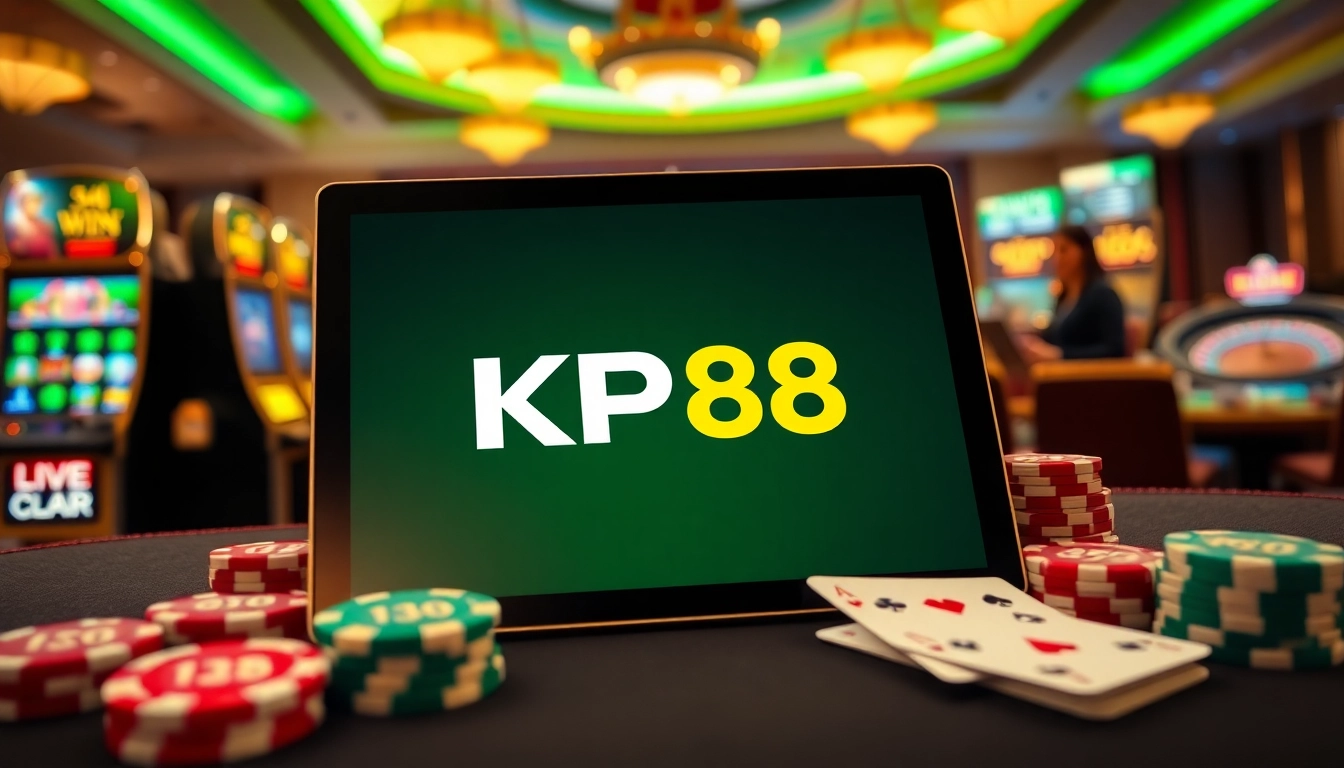 Engaging KP88 online gambling scene showcasing vibrant casino elements and tablet interface.