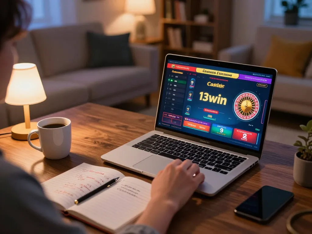 Engaging in strategic online gambling with 13win on a laptop at home, showing roulette and blackjack.