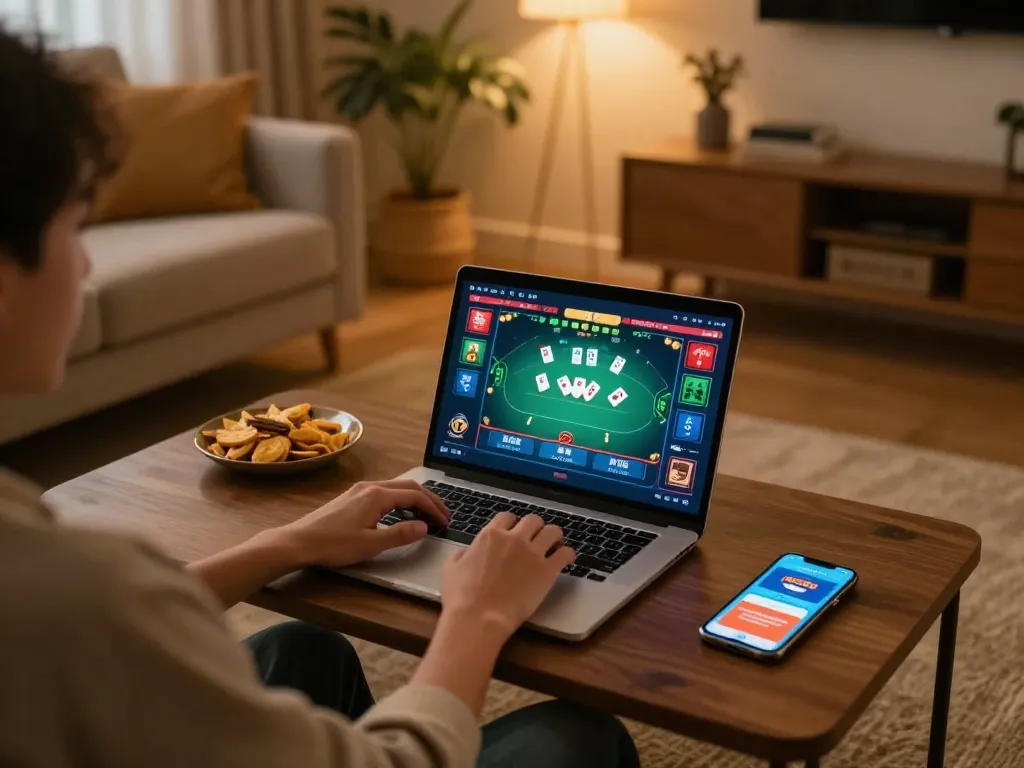 Engaging online poker game shown on https://mm88.se.net/ laptop, cozy home setting with snacks.