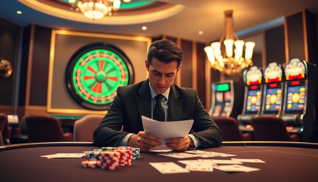 Exciting gambling scene illustrating nha cai uy tin with sleek poker table and vibrant roulette wheels.