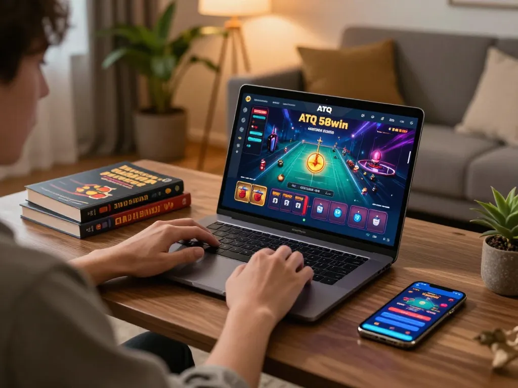 Person enjoying the ATQ 58win online casino experience on a laptop in a cozy setting.