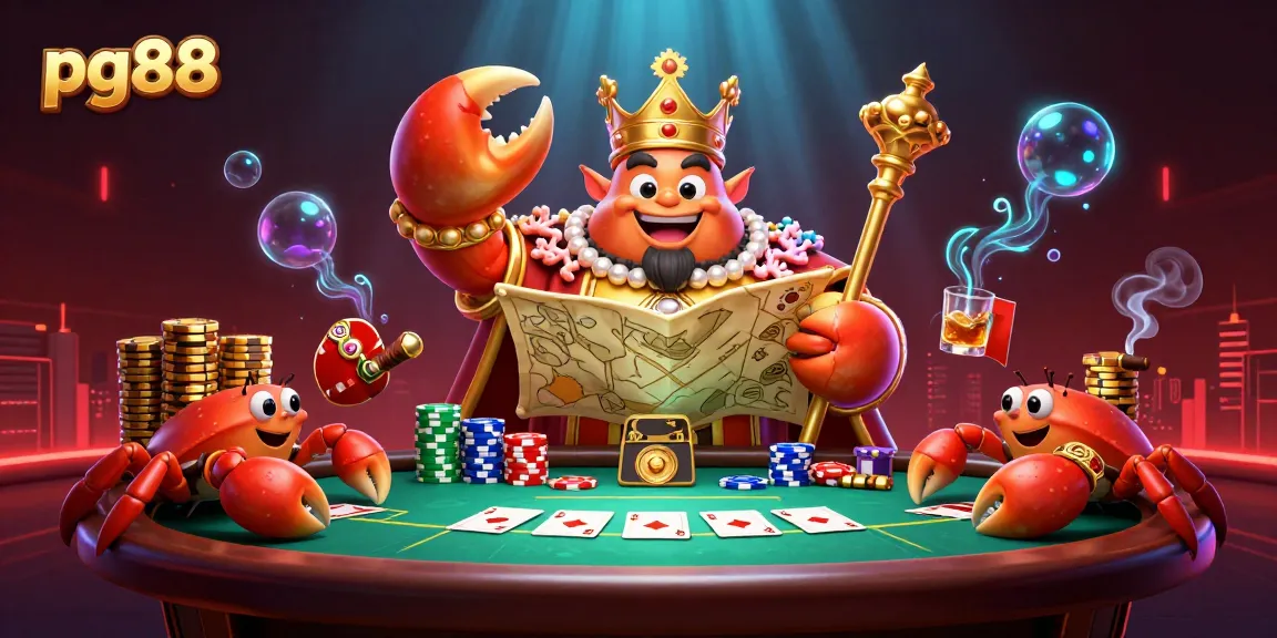 Engage with pg88's thrilling gaming experience featuring a golden crab emperor commanding a vibrant poker scene.