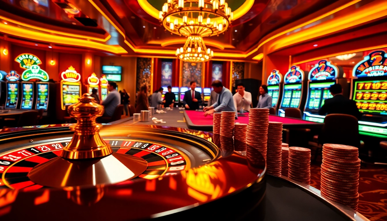 Exciting casino environment showcasing km1888b with roulette wheel and vibrant gaming atmosphere.