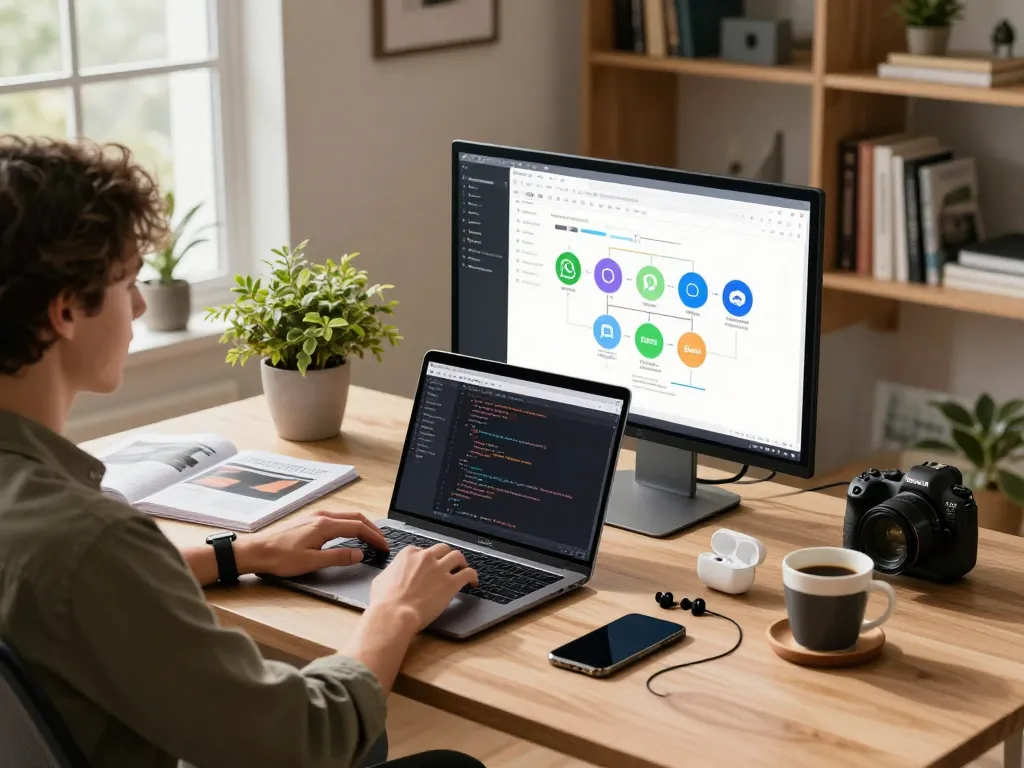 MoltBot Mac setup in a modern home office, showcasing productivity tools and coding interface.