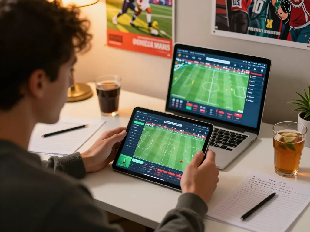 Player engaging in strategic online sports betting on a tablet at home, showcasing bl555.