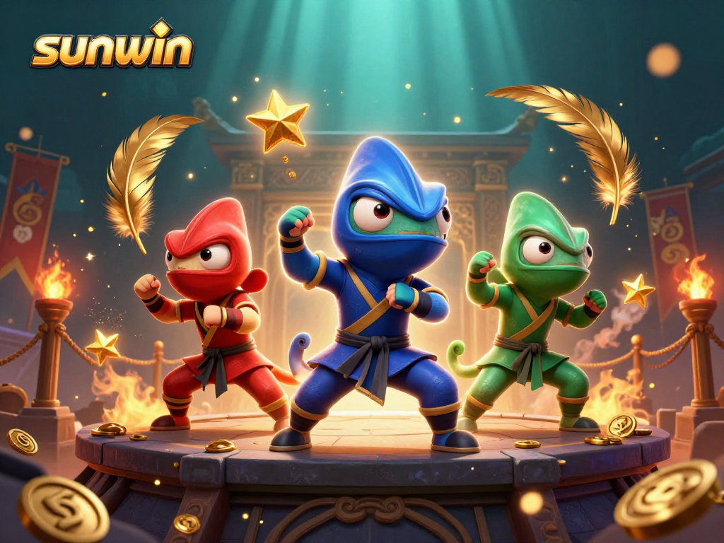 Experience the thrill of winning at sunwin with dynamic action from ninja chameleons in a vibrant casino arena.