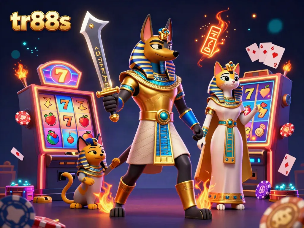 Bet big with tr88s in a vibrant casino scene featuring Anubis and Bastet along with slot machines and gaming elements.