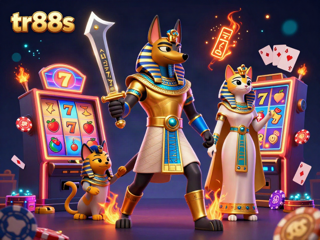 Bet big with tr88s in a vibrant casino scene featuring Anubis and Bastet along with slot machines and gaming elements.