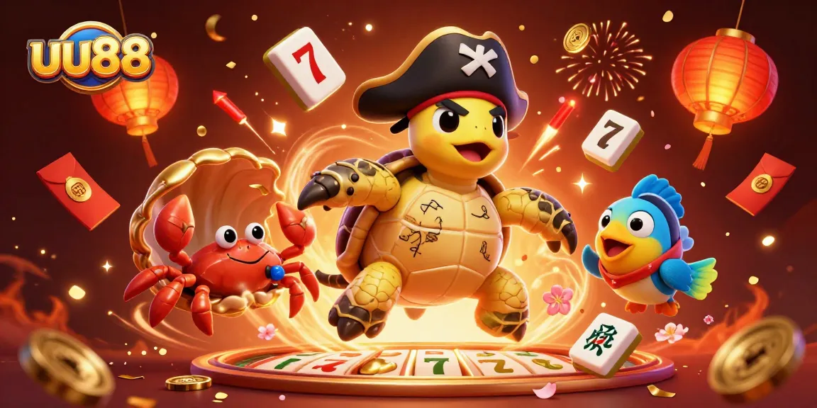 Engage with uu88's vibrant 3D casino scene featuring playful characters amidst dynamic slot symbols.