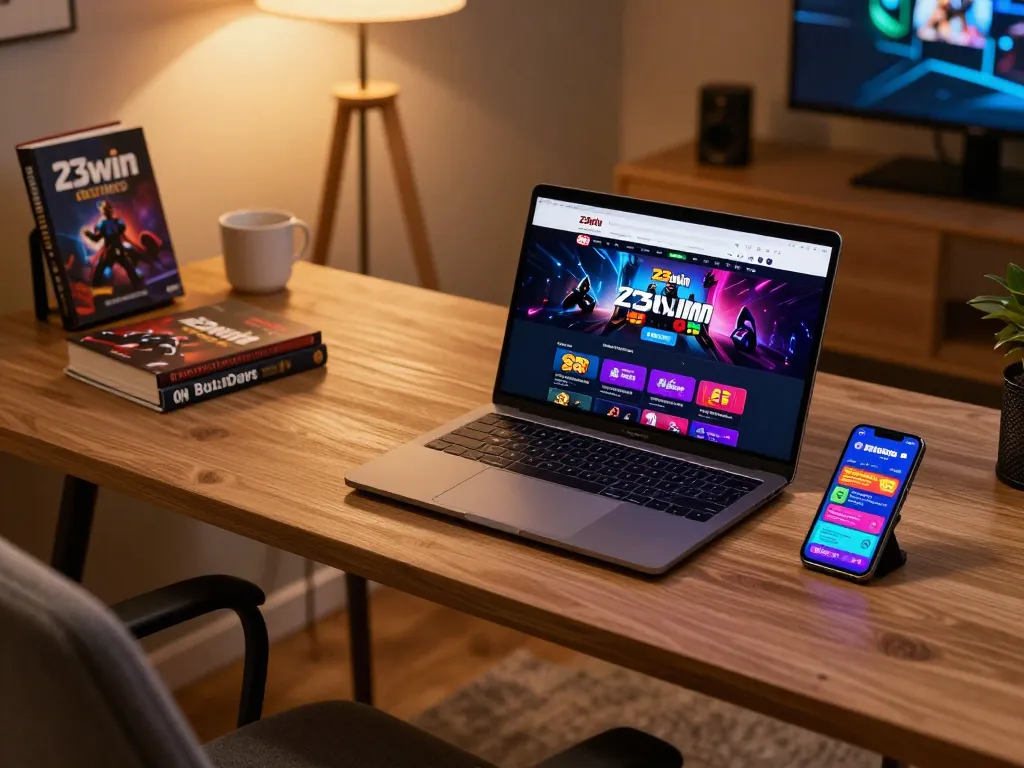 Engaging with 23win casino on a stylish laptop, showcasing a vibrant online gaming atmosphere.