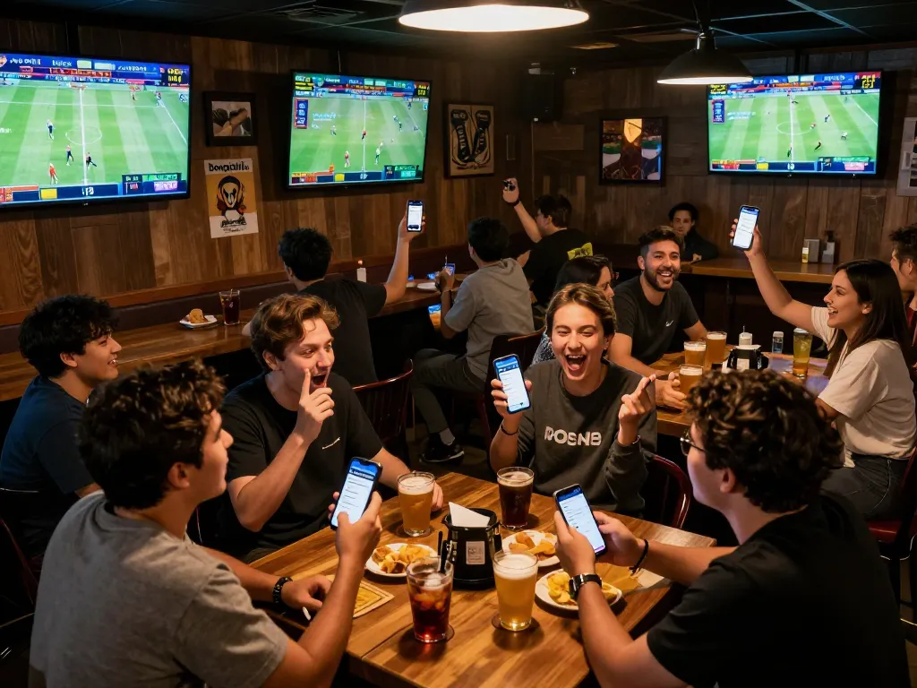 Bongdallu users placing sports bets at a lively sports bar, showcasing exciting game screens and interactions.