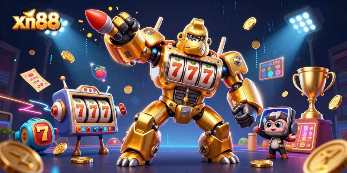 Engage with xn88's thrilling 3D casino adventure featuring a golden gorilla mech and dynamic slot elements.