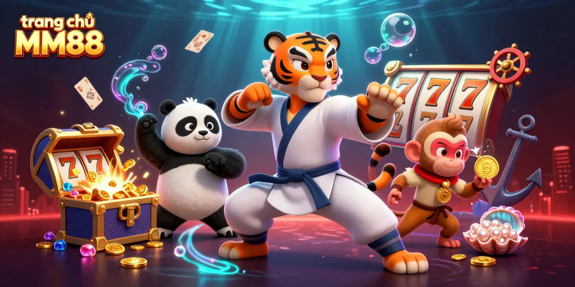 Experience fortune at trang chủ MM88 with a dynamic 3D illustration of casino elements and characters.