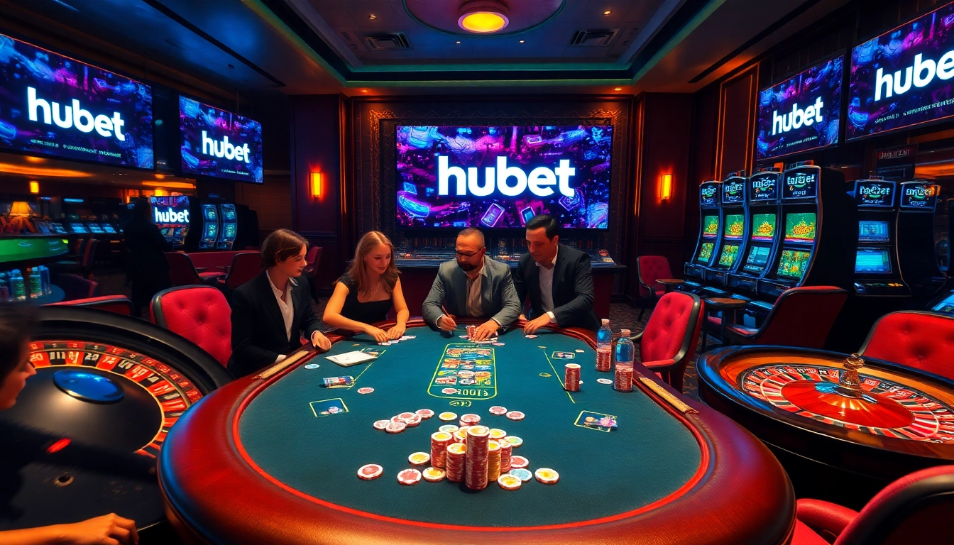 Exciting players at the hubet poker table, with colorful chips and cards, in a luxurious casino setting.
