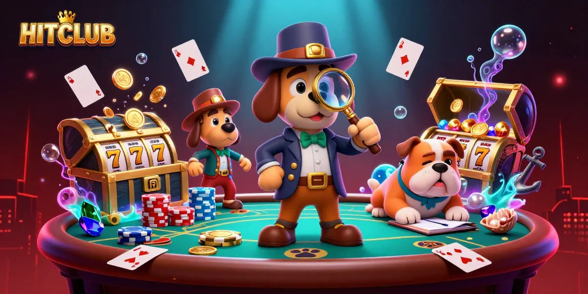 Engage with HITCLUB as a detective and bulldog uncover treasures in a vibrant casino scene.