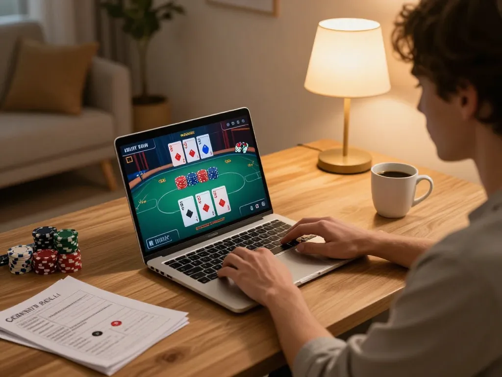 Experience online poker at https://bl555.agency/ with a player engaged in high-stakes strategy in a cozy home setting.