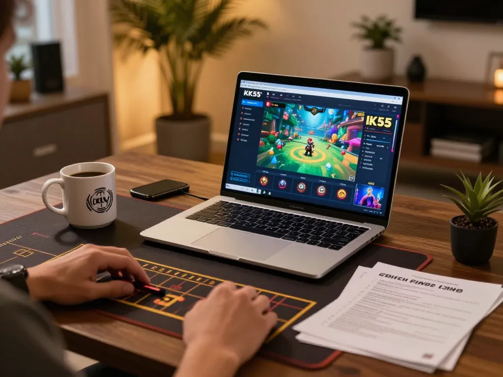 Engaging in online gambling on KK55 platform from a stylish home environment while analyzing strategies.