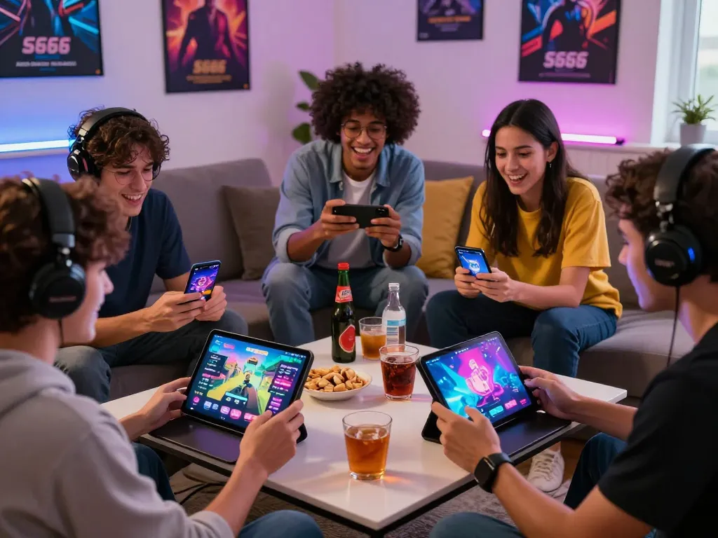 Friends enjoying online gaming with S666 app in a cozy living room.