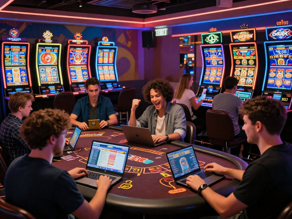 Players enjoying a lively virtual casino atmosphere at non-GamStop casinos, showcasing vibrant slot games and dynamic gameplay.