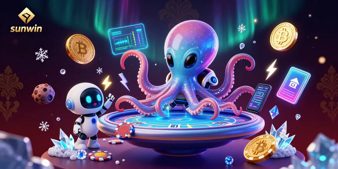 Feel the excitement of sunwin as an alien octopus plays holographic poker with crypto elements in a vibrant casino scene.