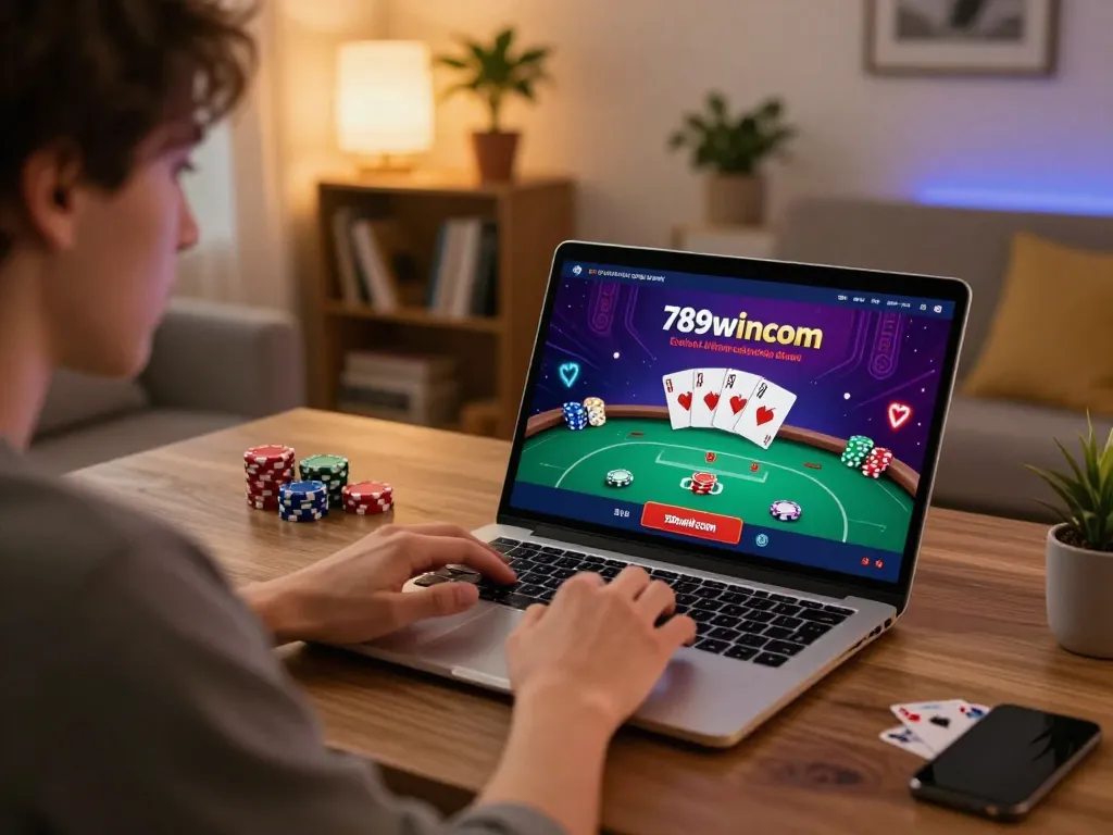 Player enjoying the 789wincom online casino app while seated at a cozy desk, showcasing excitement and engagement.