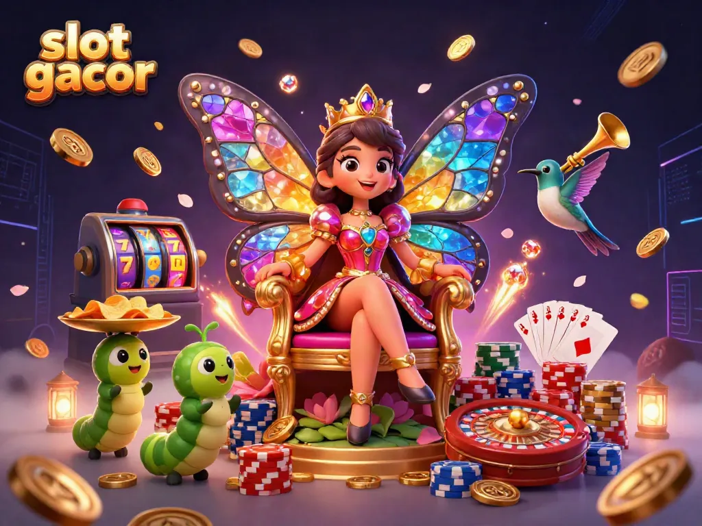 Experience the thrill of slot gacor with a whimsical casino scene featuring a butterfly queen amidst sparkling gems.