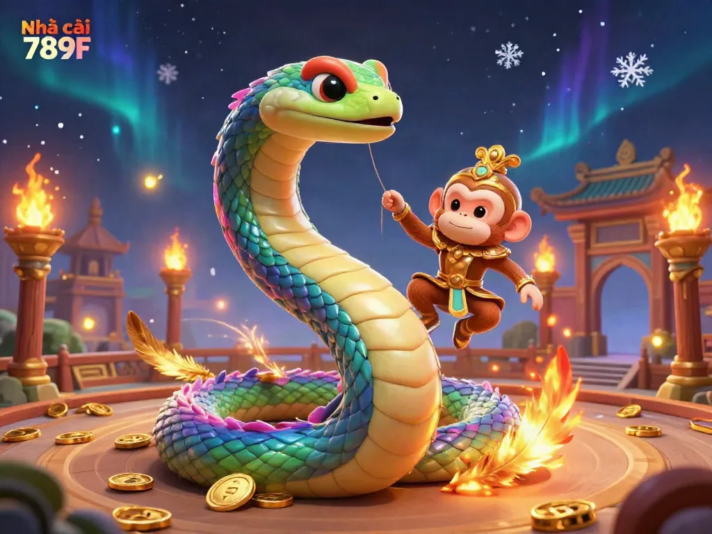Experience the excitement at Nhà cái 789F with a vibrant scene featuring a colorful rainbow serpent and a monkey king in a dynamic casino setting.
