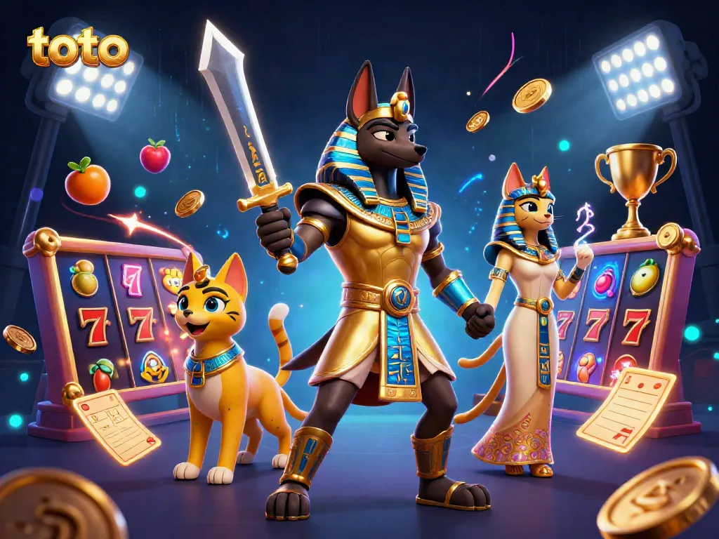 Experience vibrant casino action with toto, featuring Anubis and Bastet in an energetic gaming scene.