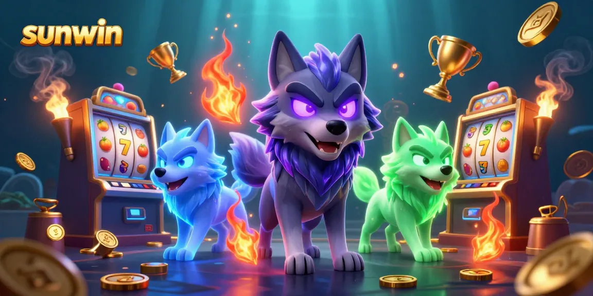 Engage in thrilling gameplay with sunwin, featuring a dynamic scene of a wolf leader and slot machines.