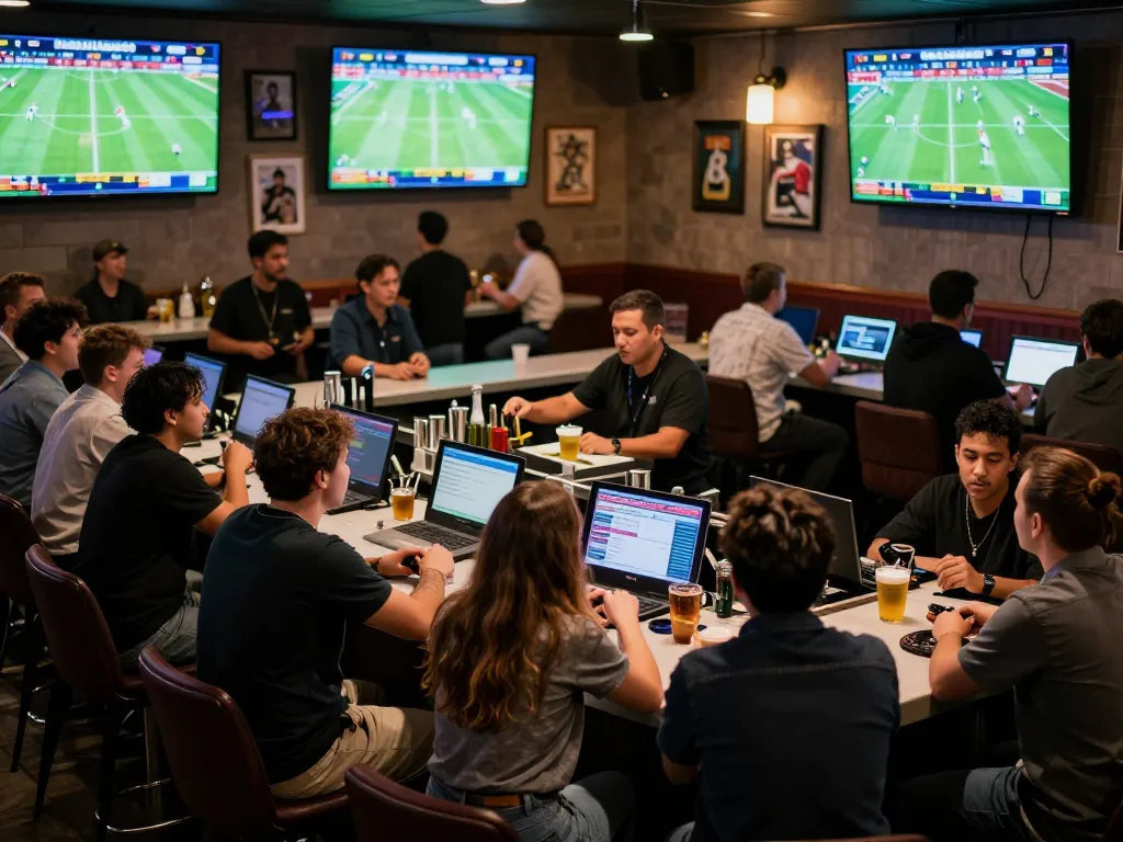 Excited fans reviewing tỷ lệ kèo nhà cái hôm nay while watching live sports in a lively betting lounge.