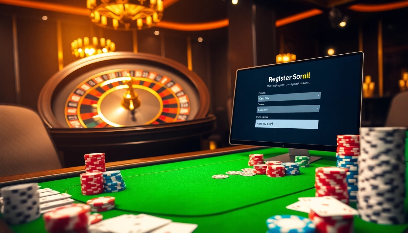 Register to play poker in a luxurious casino using an elegant interface with vibrant poker chips and cards.