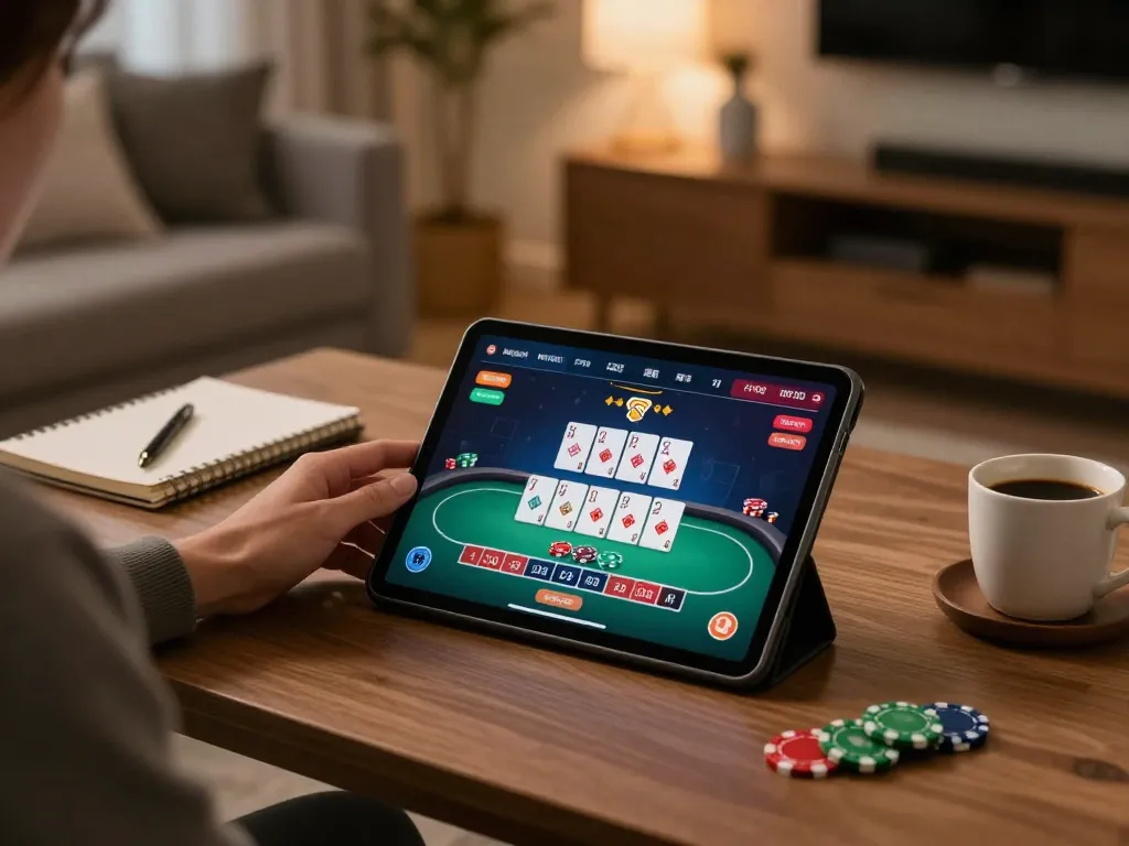 Engaging online gaming scene at https://mm88.london/ showcasing a tablet poker game with cozy home ambiance.