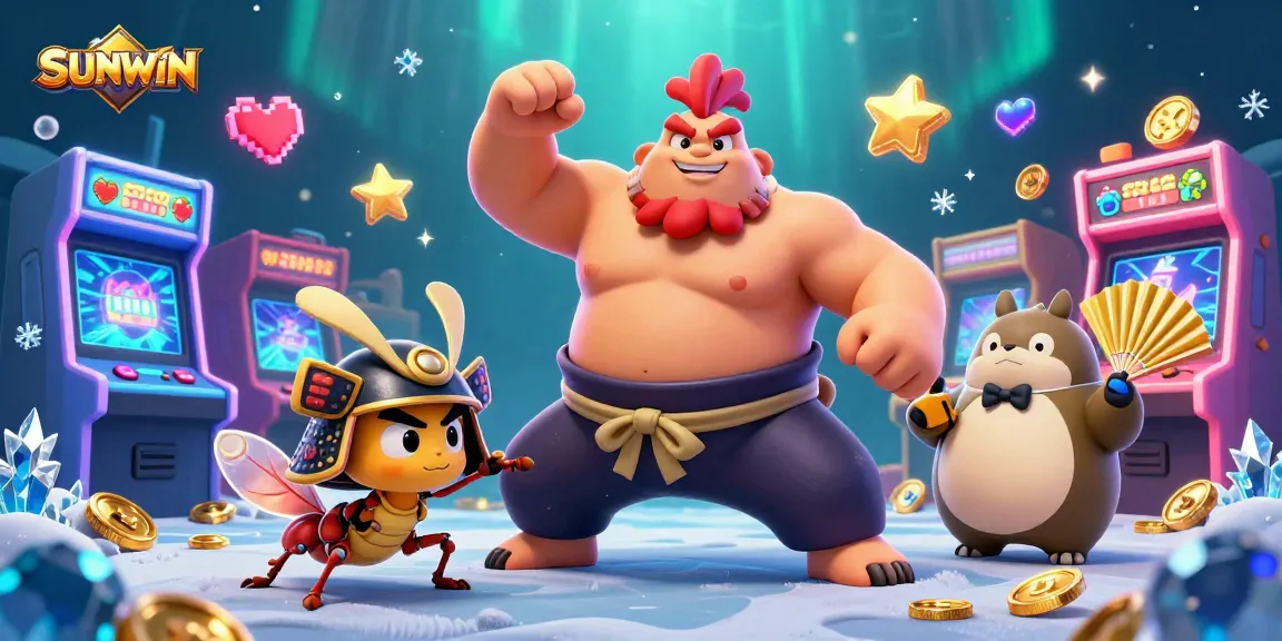 SUNWIN features a powerful sumo wrestler rooster stomping along with a fierce samurai cricket amidst vibrant gaming elements.