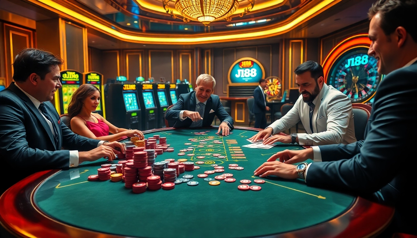Experience the thrill at J88's vibrant casino tables with colorful chips and engaged players.