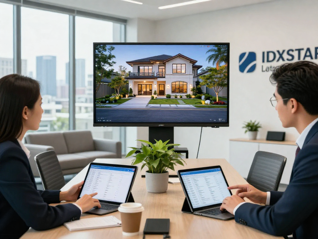 Real estate agents collaborating with IDXSTAR data in a modern office setting