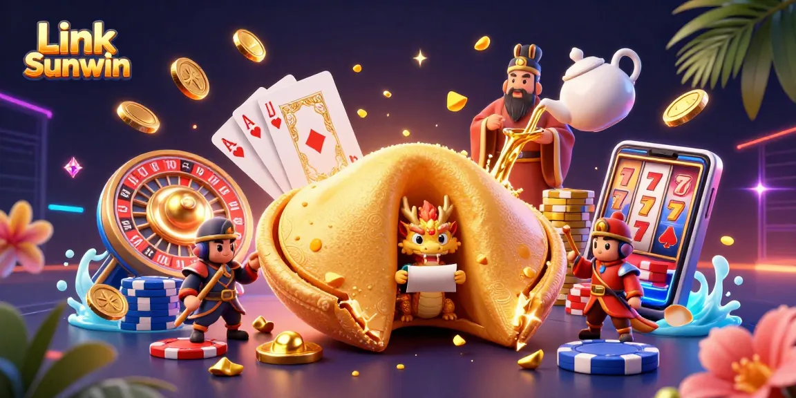 Engage with vibrant action at Link Sunwin, showcasing a dynamic 3D illustration featuring a golden fortune cookie and gambling elements.