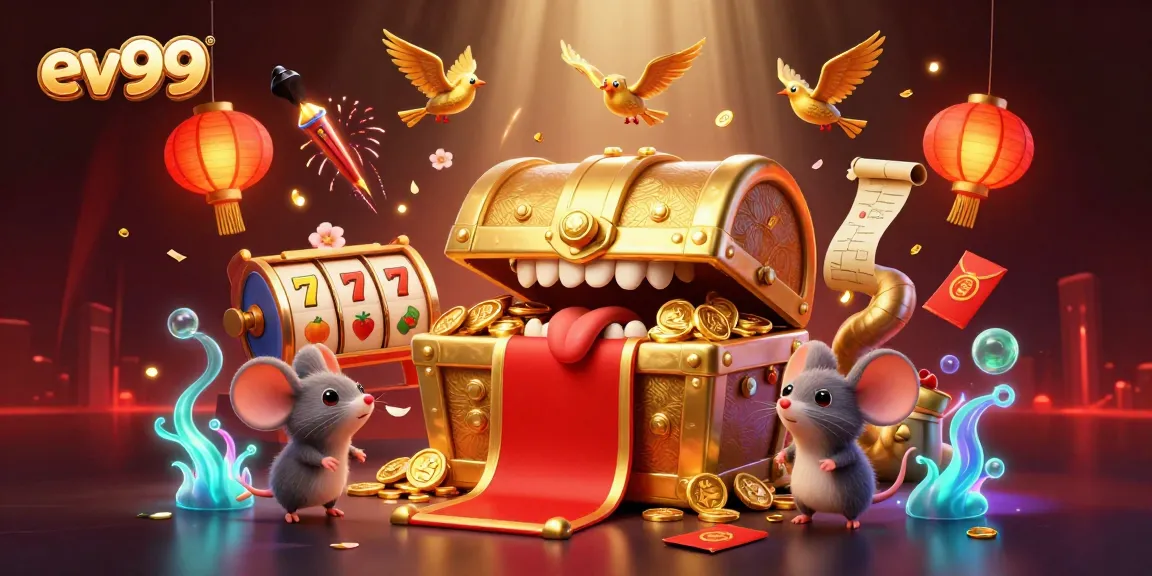 ev99's vibrant slot game scene featuring a golden chest and animated casino elements enticing players.